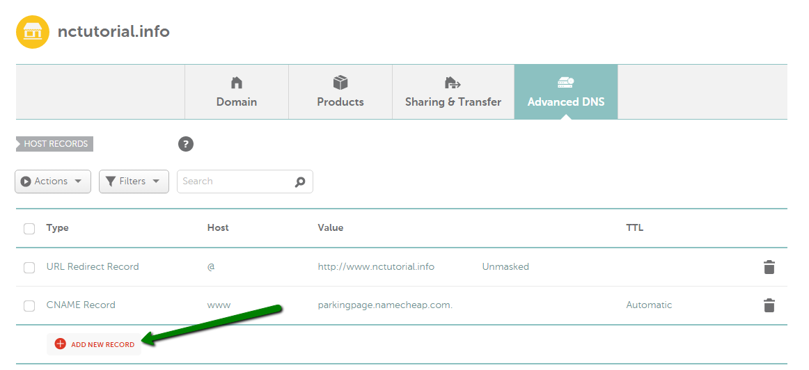 Namecheap Advanced DNS settings showing Host Records and the Add New Record button. Existing example records are not Vercel settings.