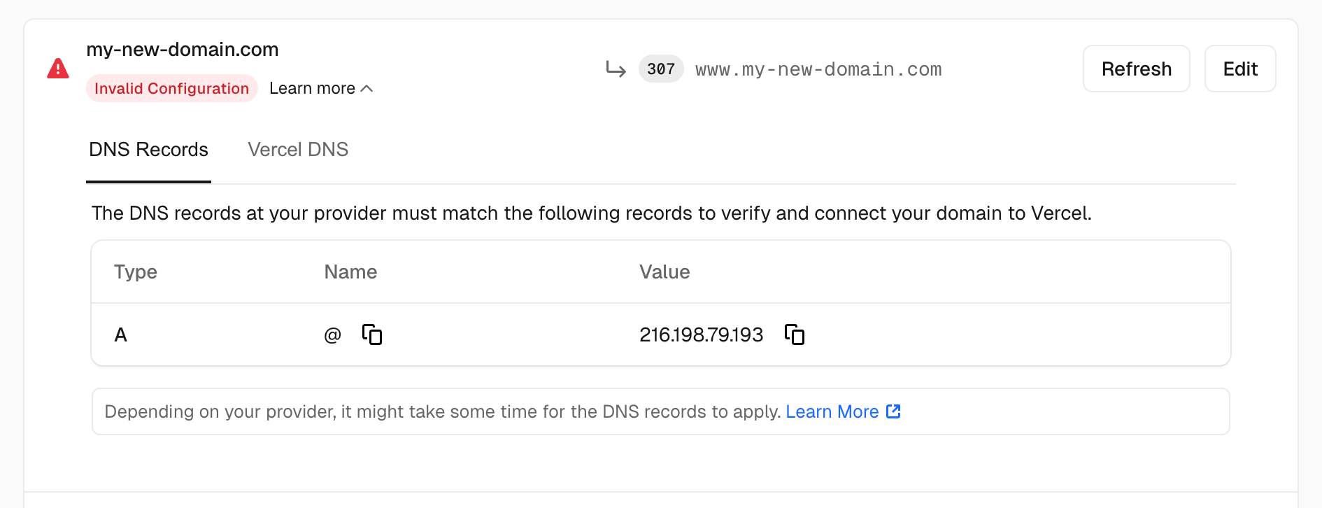 Vercel domain settings showing the Type, Name, and Value columns for a required DNS record. Values are examples only.